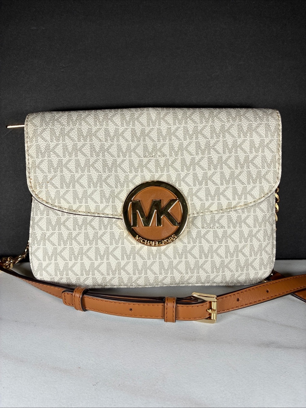 Michael Kors White Monogram Canvas Crossbody with Brown Leather Trim